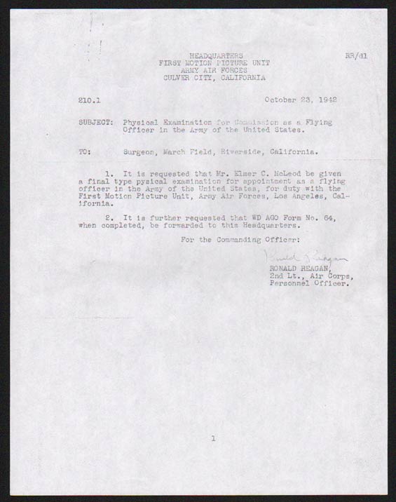 Memo From Reagan, October 23, 1942